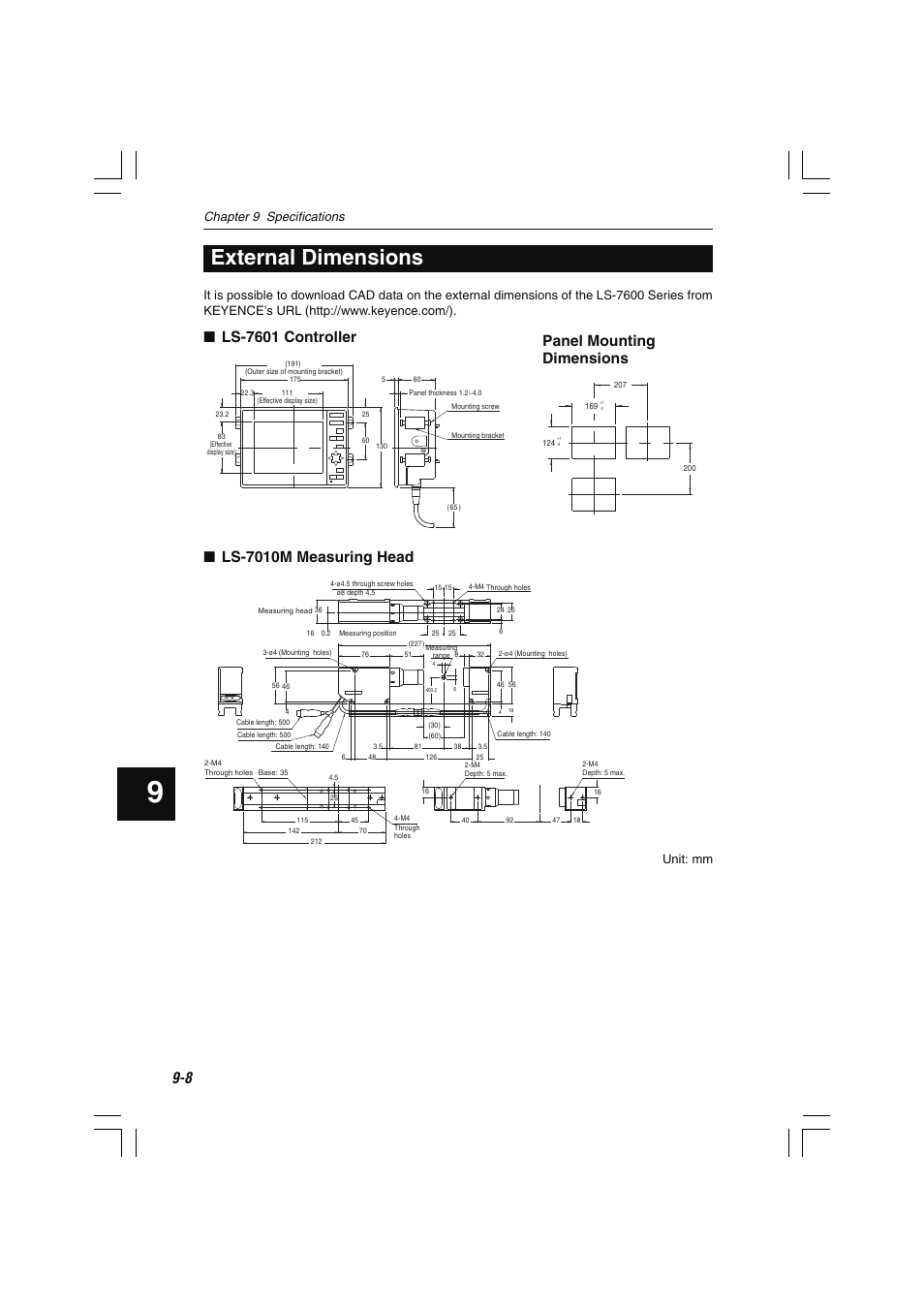 External dimensions, Ls-7601 controller, Panel mounting dimensions | Ls-7010m measuring head, Chapter 9 specifications, Unit: mm | KEYENCE LS-7600 User Manual | Page 202 / 220