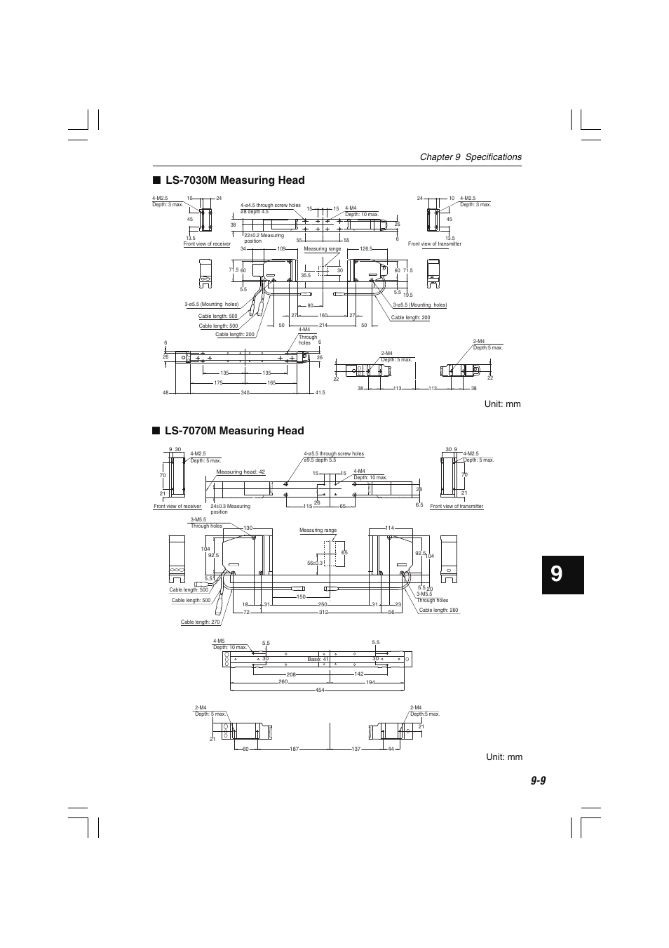 Chapter 9 specifications, Unit: mm | KEYENCE LS-7600 User Manual | Page 203 / 220