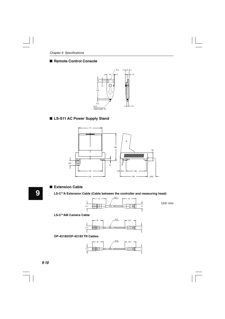 Remote control console, Ls-s11 ac power supply stand, Extension cable | Chapter 9 specifications, Ls-c**am camera cable, Unit: mm | KEYENCE LS-7600 User Manual | Page 204 / 220