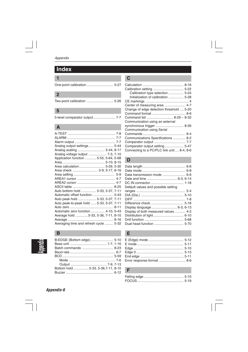 Index, Appendix | KEYENCE LS-7600 User Manual | Page 216 / 220