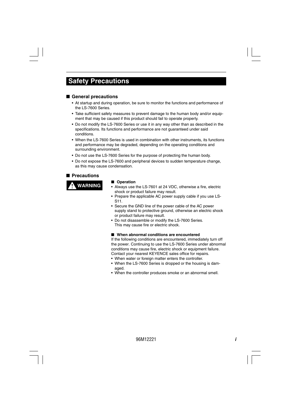 Safety precautions | KEYENCE LS-7600 User Manual | Page 3 / 220