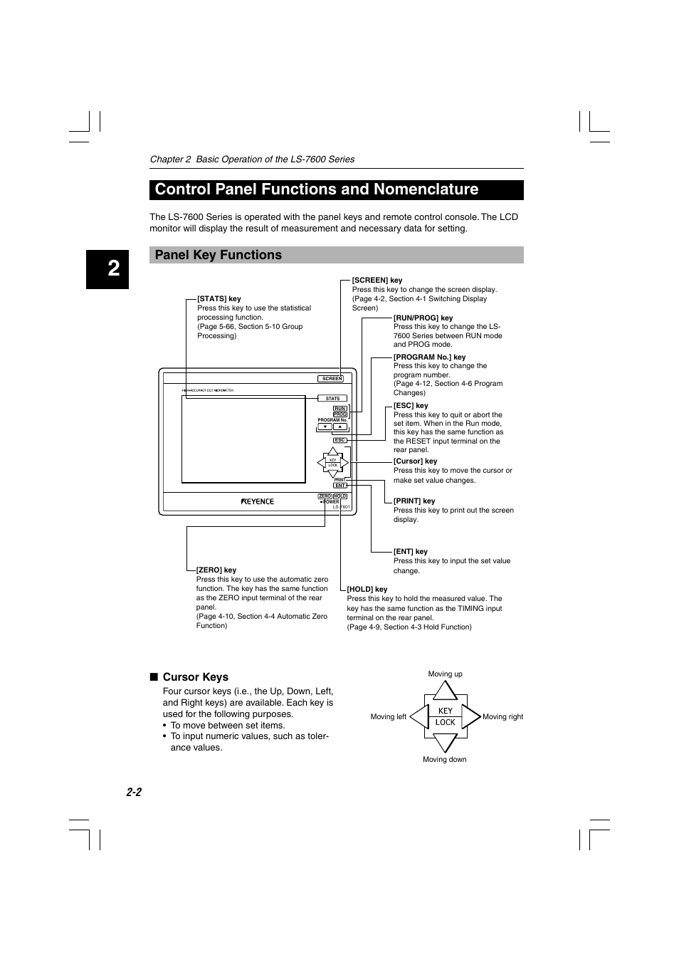 Control panel functions and nomenclature, Panel key functions, Cursor keys | KEYENCE LS-7600 User Manual | Page 38 / 220