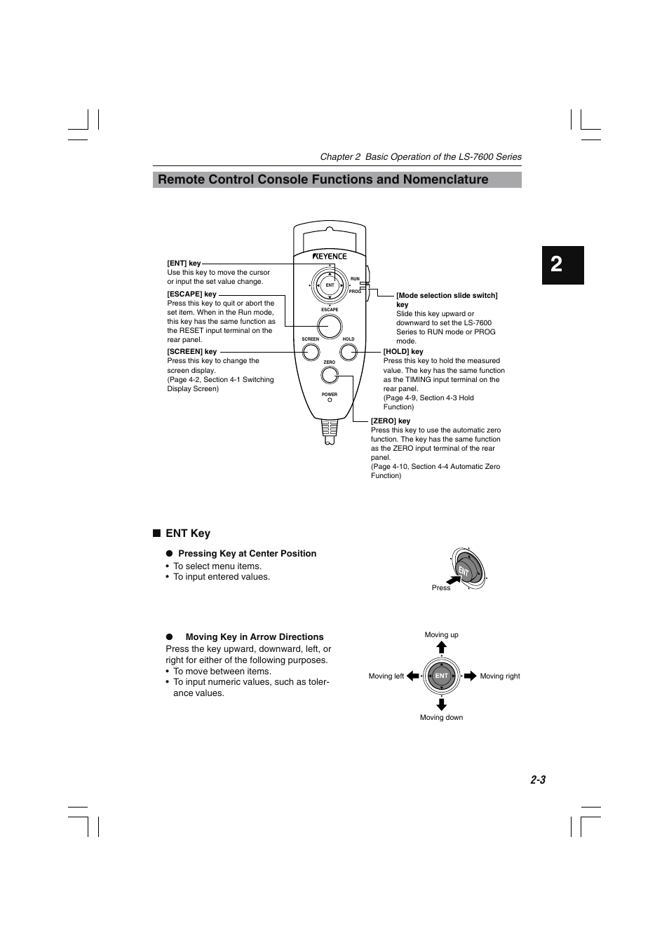 Remote control console functions and nomenclature, Ent key | KEYENCE LS-7600 User Manual | Page 39 / 220