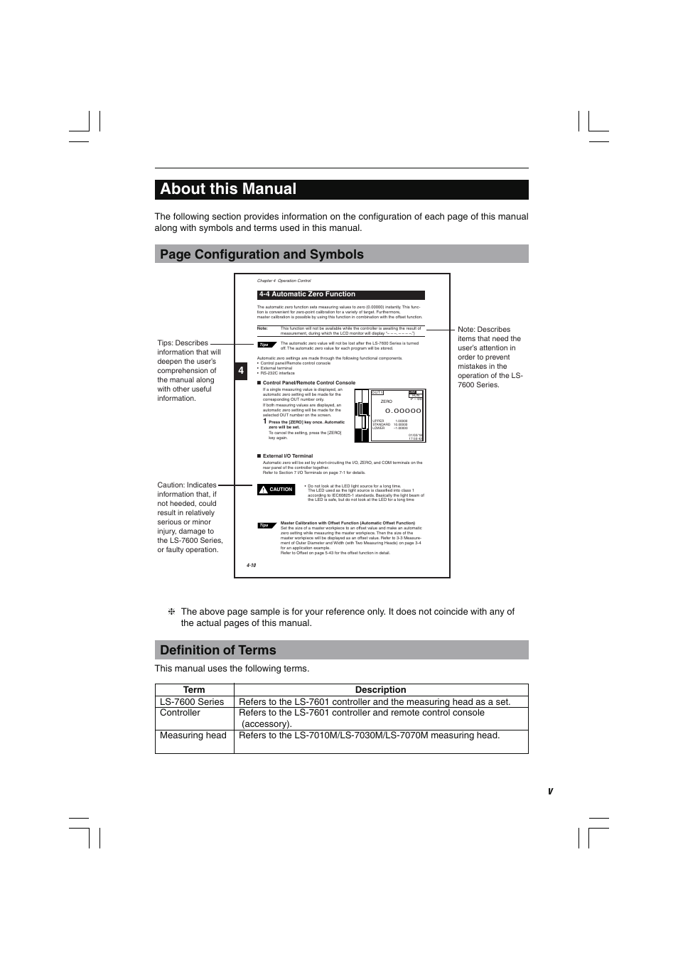 About this manual, Definition of terms, Page configuration and symbols | This manual uses the following terms | KEYENCE LS-7600 User Manual | Page 7 / 220
