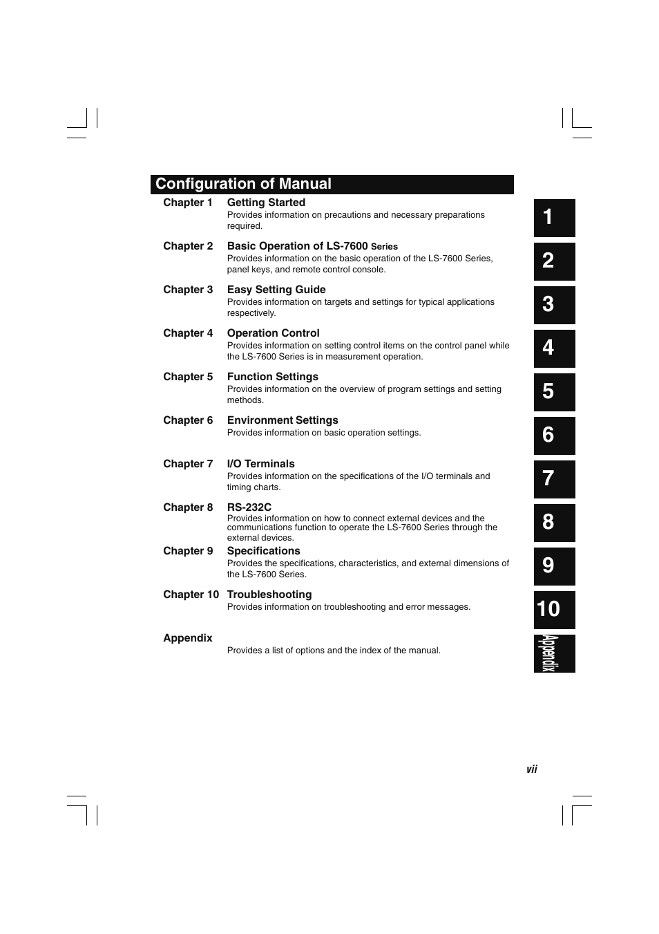 Configuration of manual, Appendix | KEYENCE LS-7600 User Manual | Page 9 / 220