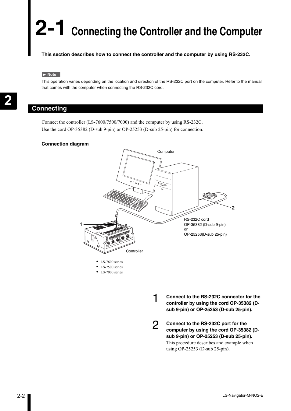 1 connecting the controller and the computer, Connecting, Connecting the controller and the computer -2 | Connecting -2, Connecting the controller and the computer | KEYENCE LS-Navigator User Manual | Page 16 / 68