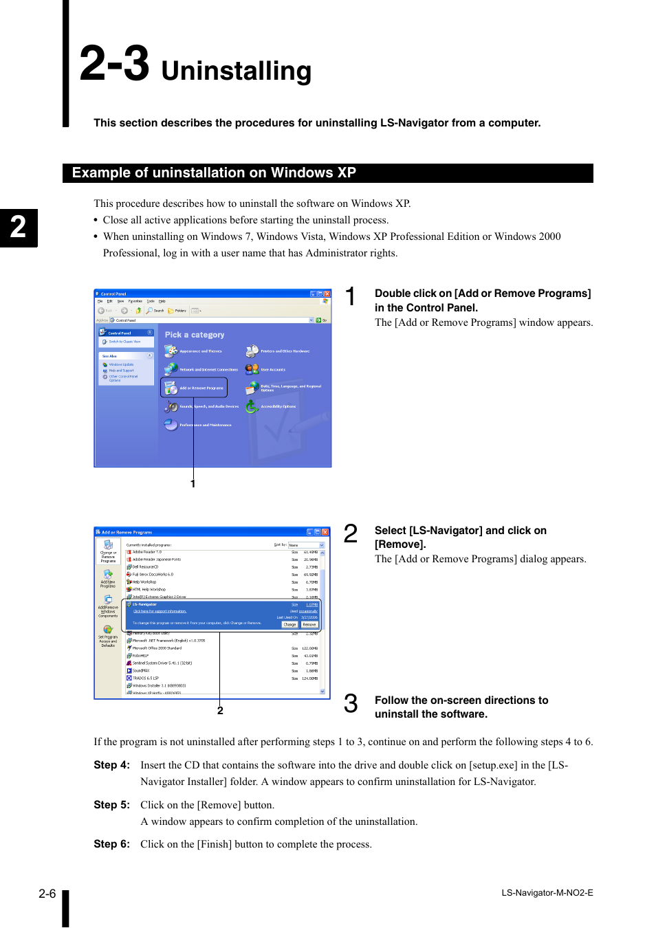3 uninstalling, Example of uninstallation on windows xp, Uninstalling -6 | Example of uninstallation on windows xp -6, Uninstalling | KEYENCE LS-Navigator User Manual | Page 20 / 68