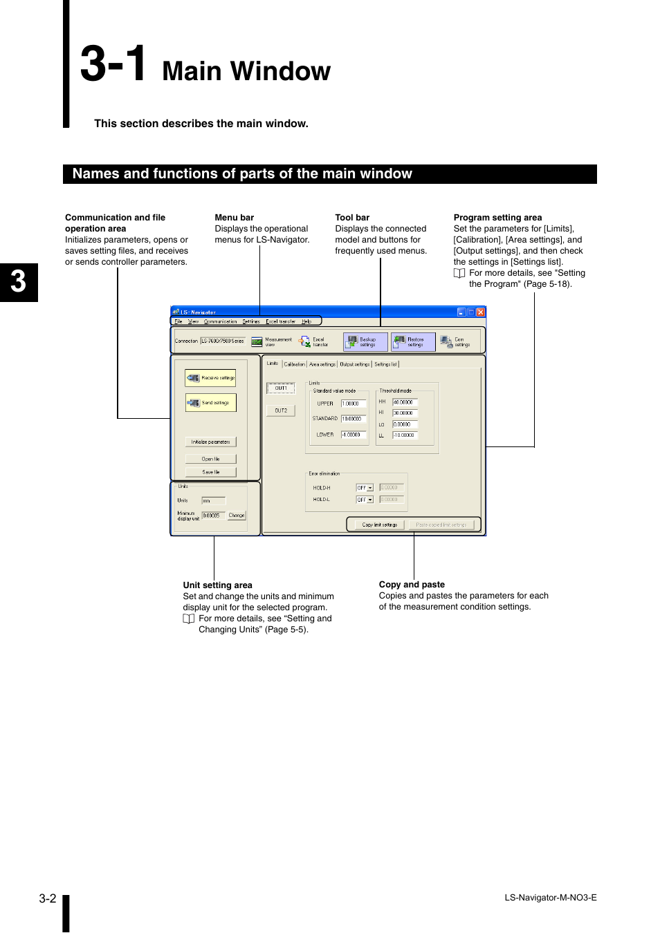 1 main window, Names and functions of parts of the main window, Main window -2 | Names and functions of parts of the main window -2, Main window | KEYENCE LS-Navigator User Manual | Page 22 / 68