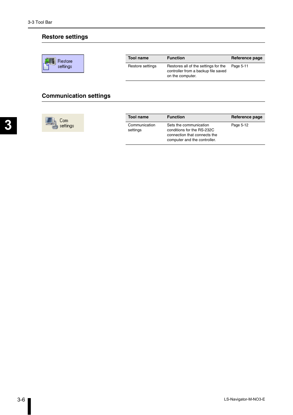 Restore settings, Communication settings | KEYENCE LS-Navigator User Manual | Page 26 / 68