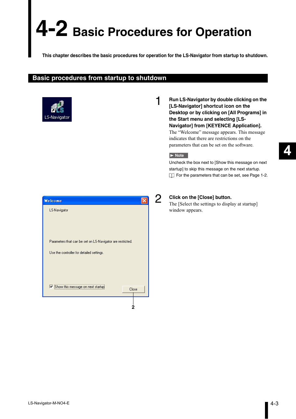 2 basic procedures for operation, Basic procedures from startup to shutdown, Basic procedures for operation -3 | Basic procedures from startup to shutdown -3, Basic procedures for operation | KEYENCE LS-Navigator User Manual | Page 29 / 68