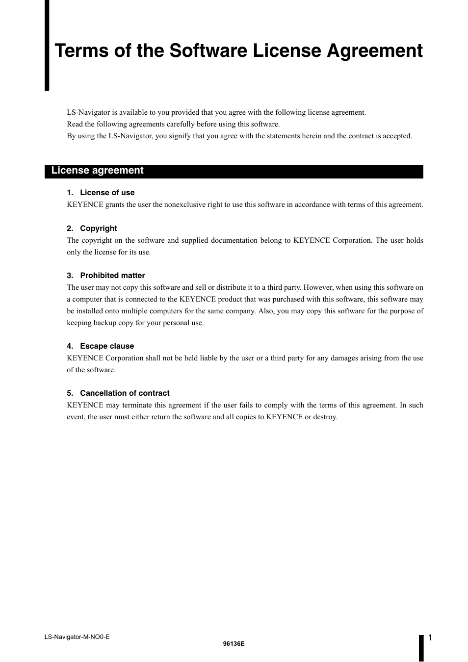 Terms of the software license agreement, License agreement | KEYENCE LS-Navigator User Manual | Page 3 / 68