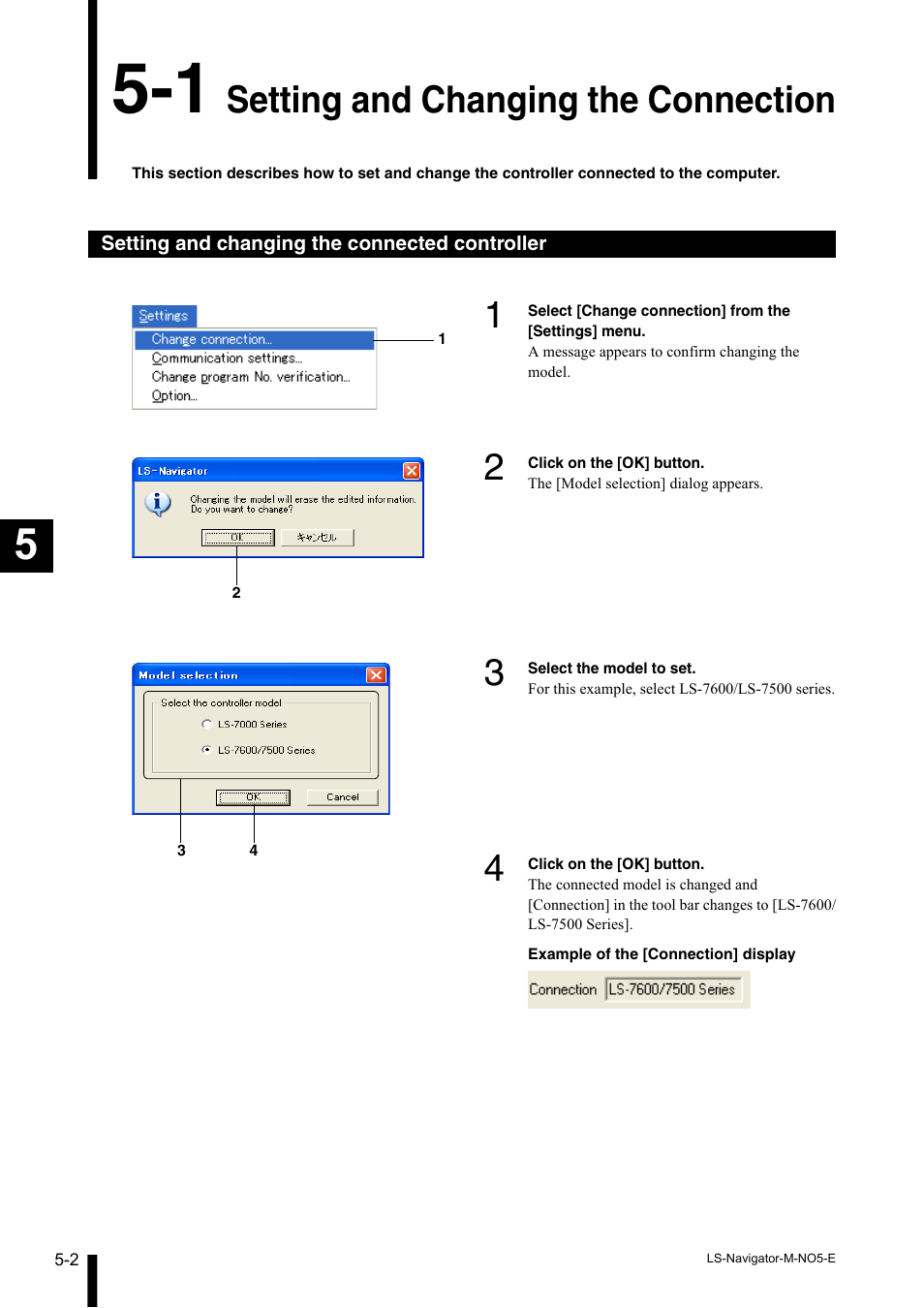 1 setting and changing the connection, Setting and changing the connected controller, Setting and changing the connection -2 | Setting and changing the connected controller -2, Setting and changing the connection | KEYENCE LS-Navigator User Manual | Page 34 / 68