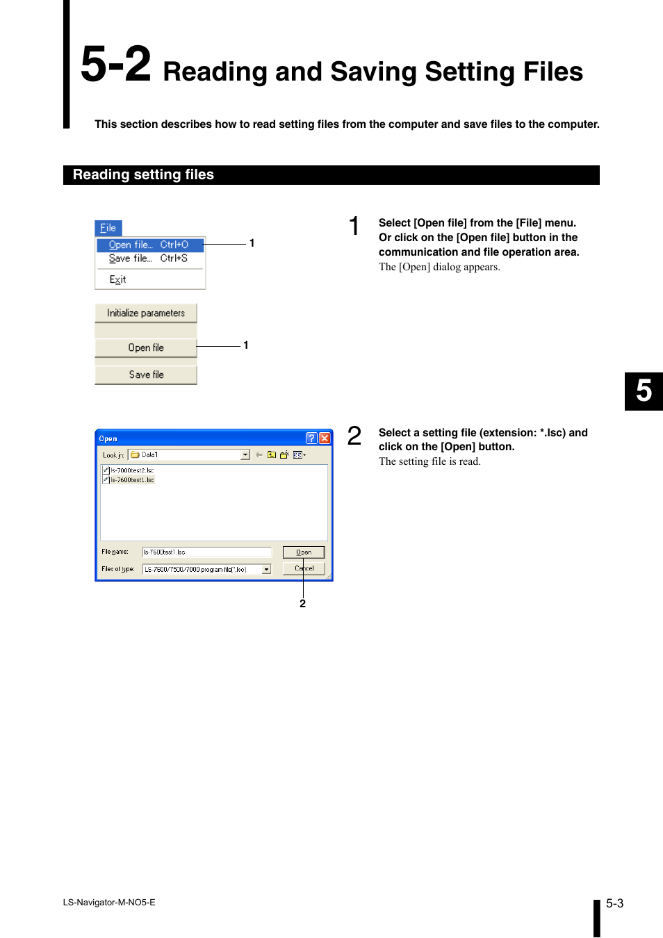 2 reading and saving setting files, Reading setting files, Reading and saving setting files -3 | Reading setting files -3, Reading and saving setting files | KEYENCE LS-Navigator User Manual | Page 35 / 68