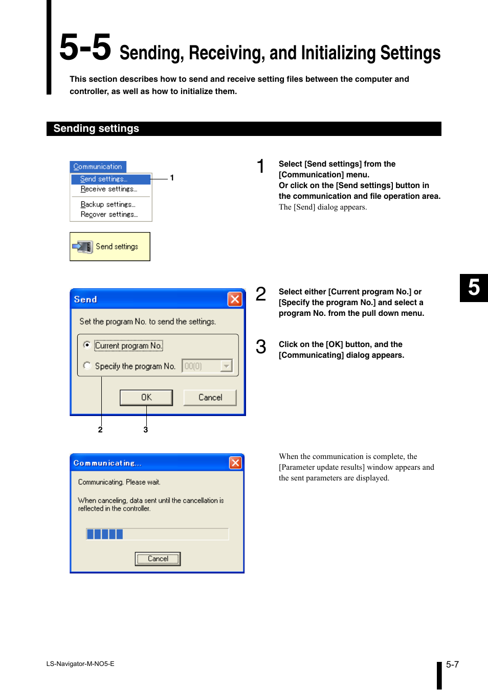 5 sending, receiving, and initializing settings, Sending settings, Sending, receiving, and initializing settings -7 | Sending settings -7, Sending, receiving, and initializing settings | KEYENCE LS-Navigator User Manual | Page 39 / 68