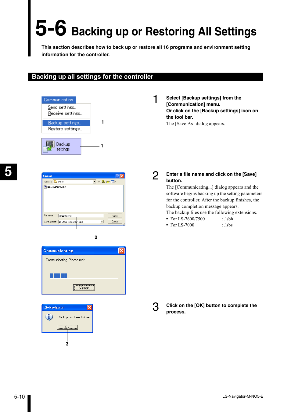 6 backing up or restoring all settings, Backing up all settings for the controller, Backing up or restoring all settings -10 | Backing up all settings for the controller -10, Backing up or restoring all settings | KEYENCE LS-Navigator User Manual | Page 42 / 68