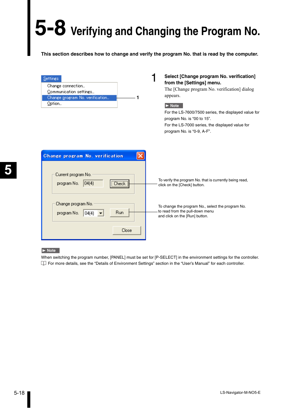 8 verifying and changing the program no, Verifying and changing the program no -18, Verifying and changing the program no | KEYENCE LS-Navigator User Manual | Page 50 / 68