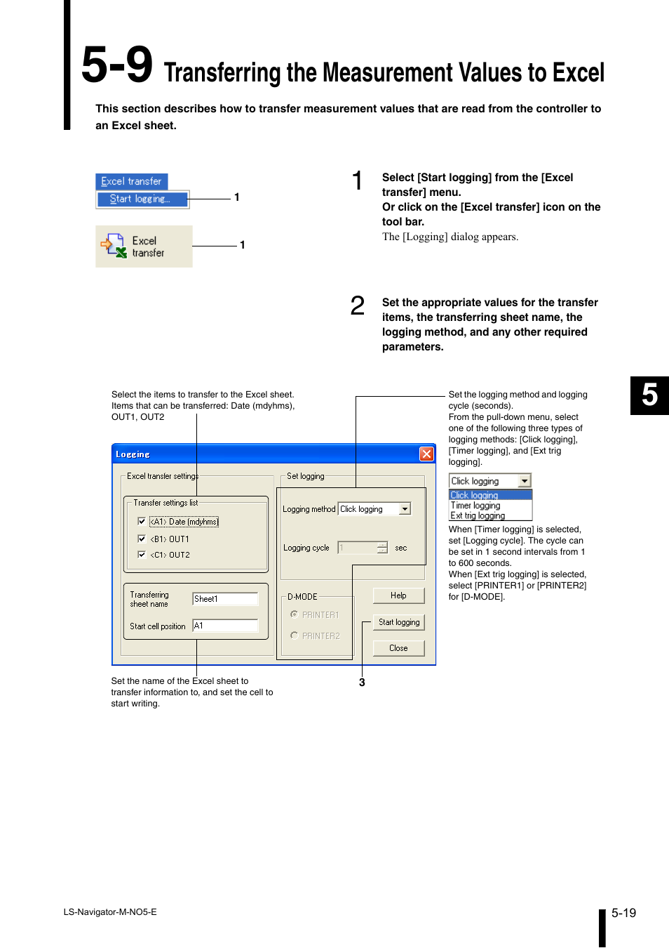 9 transferring the measurement values to excel, Transferring the measurement values to excel -19, Transferring the measurement values to excel 5-19 | Transferring the measurement values to excel | KEYENCE LS-Navigator User Manual | Page 51 / 68