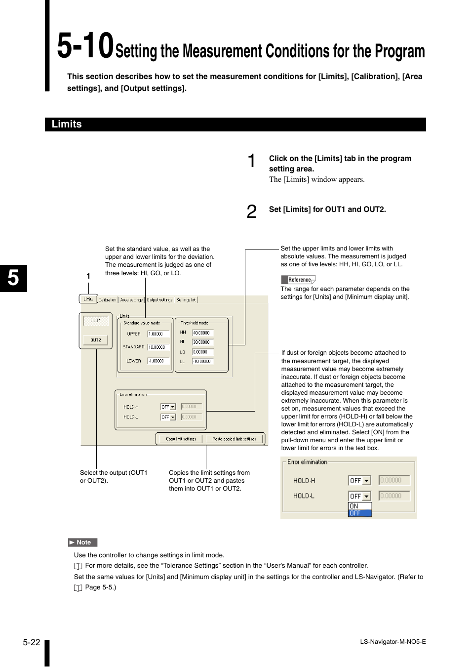 Limits, Limits -22, 10 setting the measurement conditions for the | Program -22, Setting the measurement conditions for the program | KEYENCE LS-Navigator User Manual | Page 54 / 68