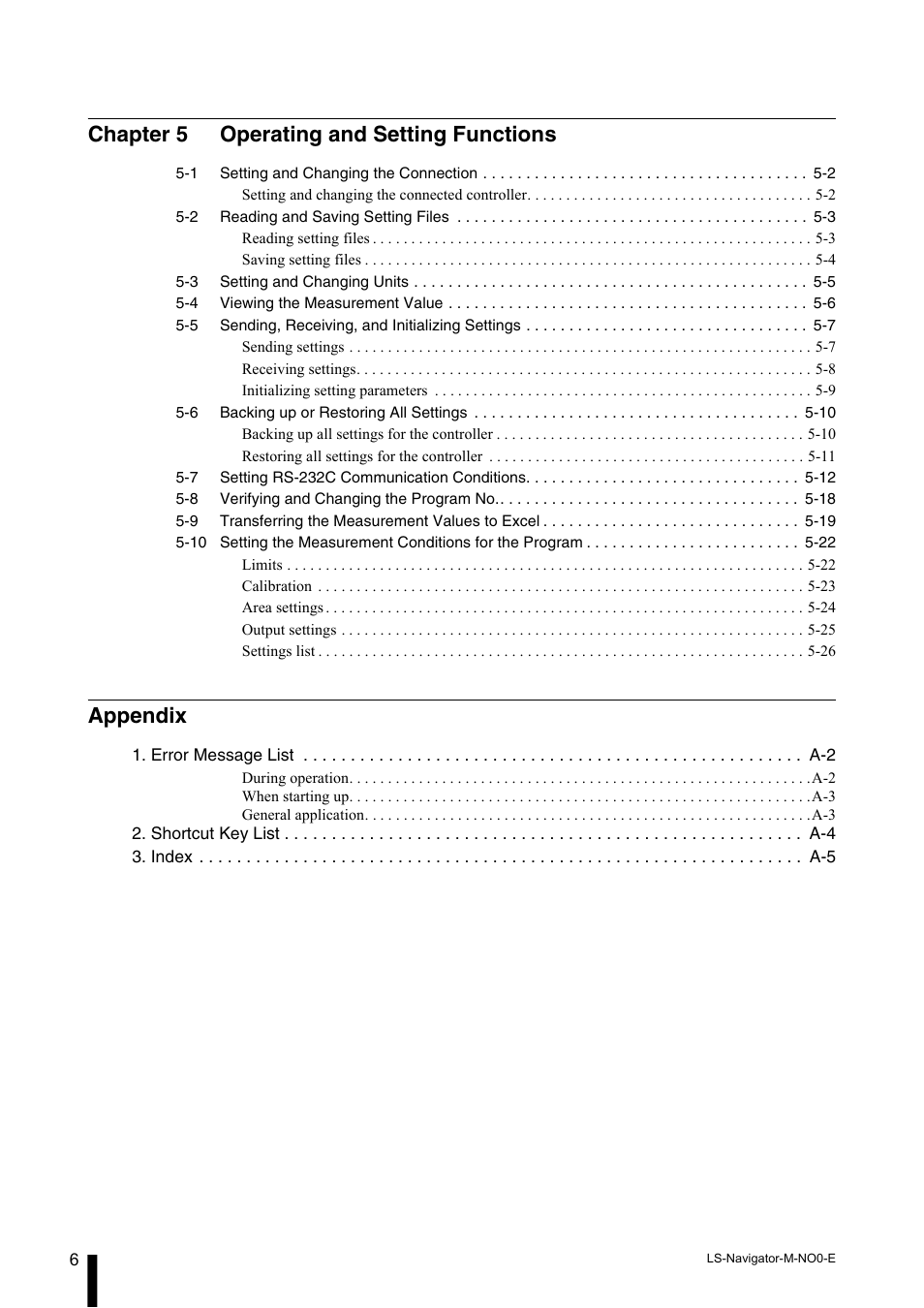 Chapter 5 operating and setting functions, Appendix | KEYENCE LS-Navigator User Manual | Page 8 / 68