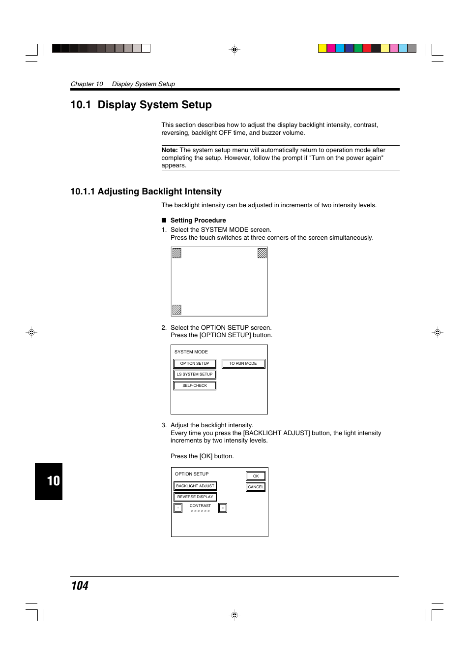 1 display system setup, 1 adjusting backlight intensity | KEYENCE LS-5000 User Manual | Page 110 / 132
