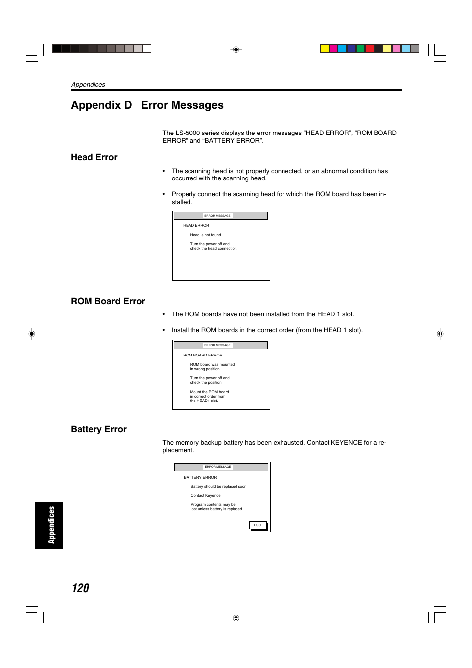 Appendix d error messages, Head error, Rom board error | Battery error, Appendices | KEYENCE LS-5000 User Manual | Page 126 / 132
