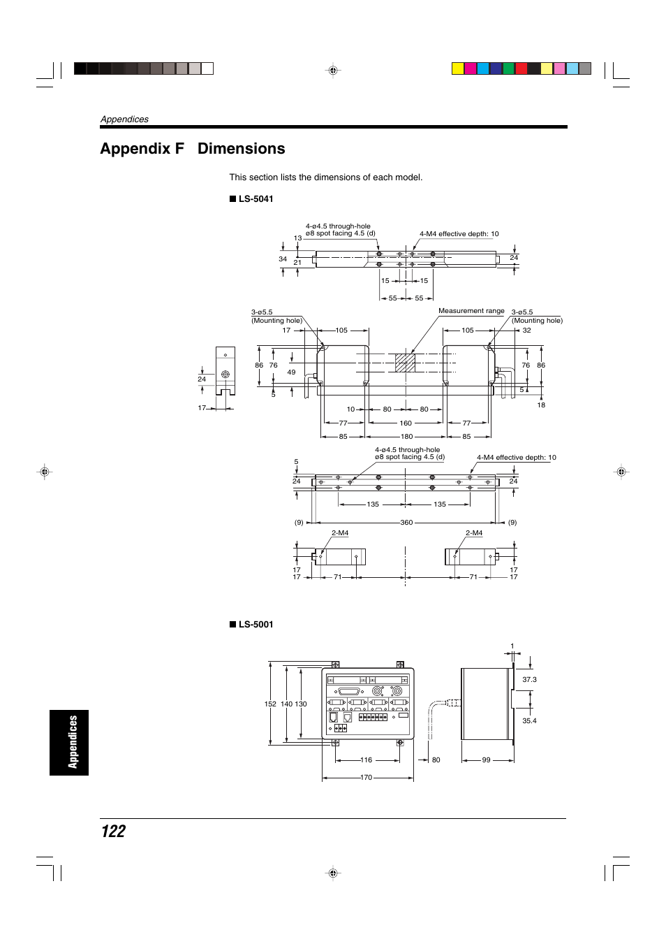 Appendix f dimensions, Appendices | KEYENCE LS-5000 User Manual | Page 128 / 132