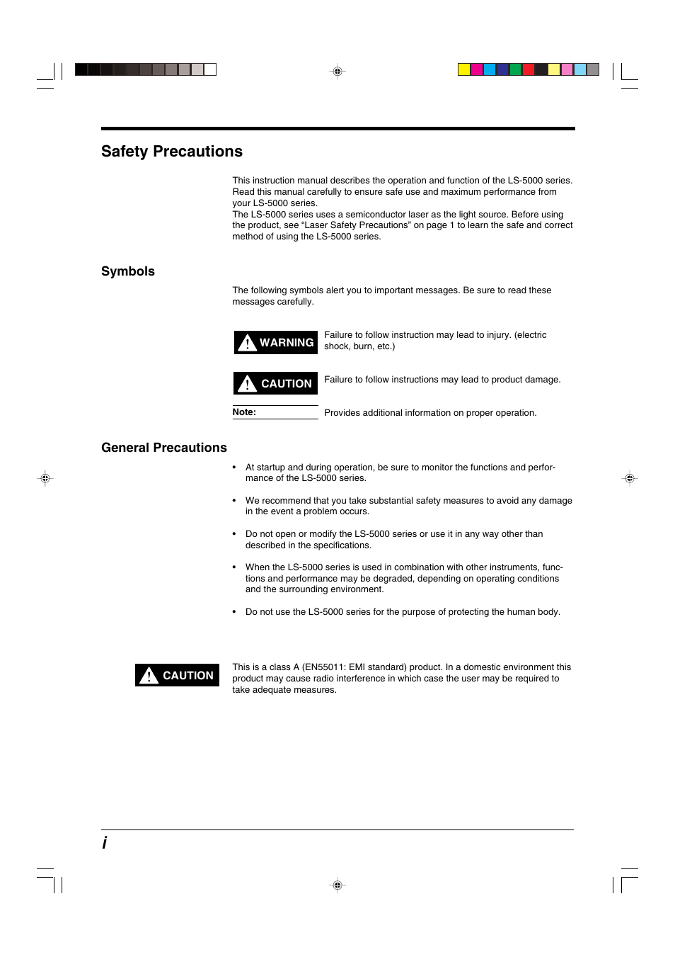 Safety precautions, Symbols, General precautions | KEYENCE LS-5000 User Manual | Page 2 / 132