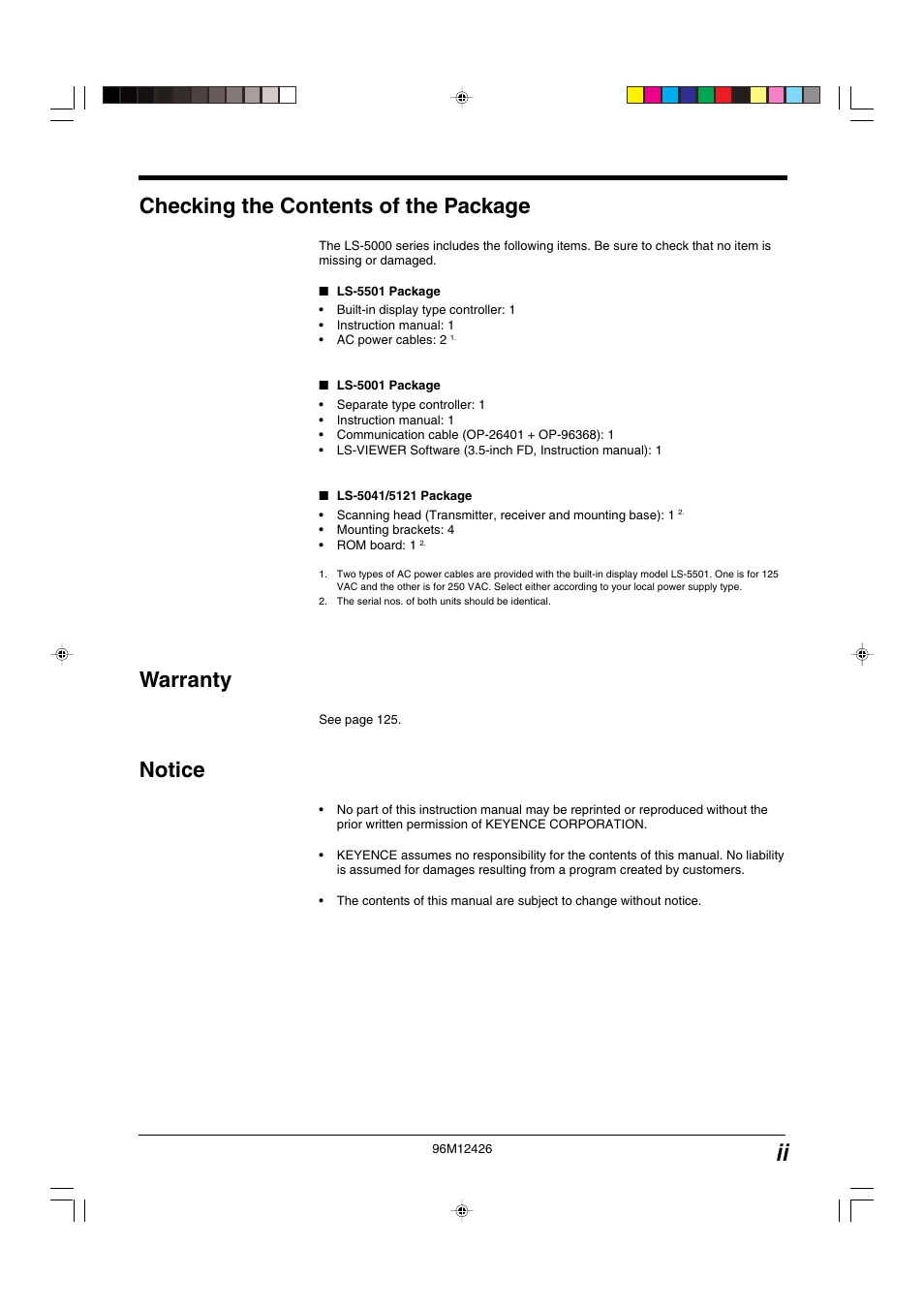 Checking the contents of the package, Warranty, Notice | KEYENCE LS-5000 User Manual | Page 3 / 132