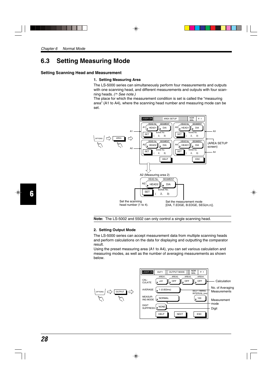 3 setting measuring mode, Setting scanning head and measurement, Chapter 6 normal mode | KEYENCE LS-5000 User Manual | Page 34 / 132