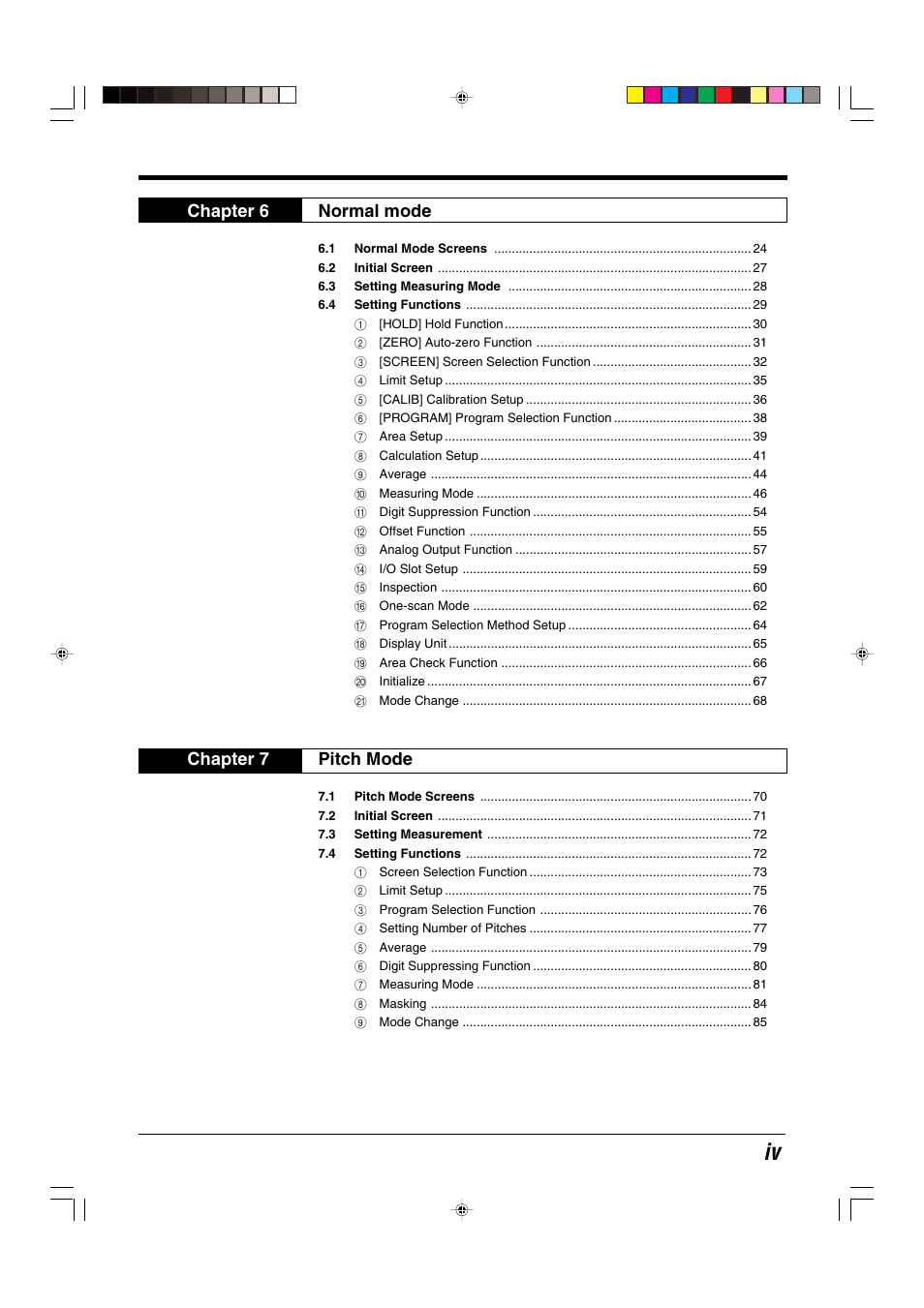 Chapter 6 normal mode, Chapter 7 pitch mode | KEYENCE LS-5000 User Manual | Page 5 / 132