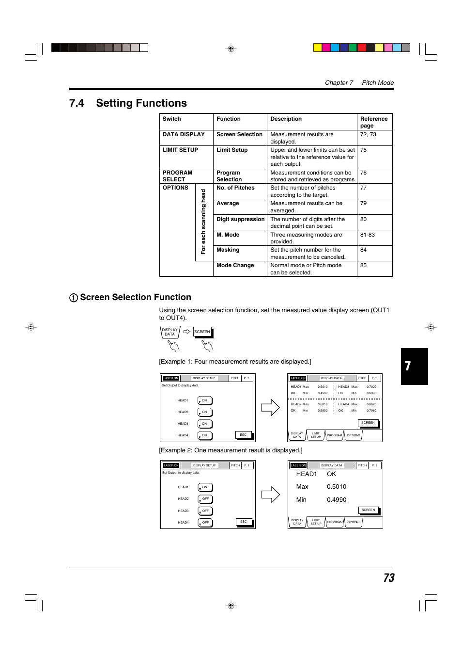 4 setting functions, 1 screen selection function, 1screen selection function | Chapter 7 pitch mode | KEYENCE LS-5000 User Manual | Page 79 / 132