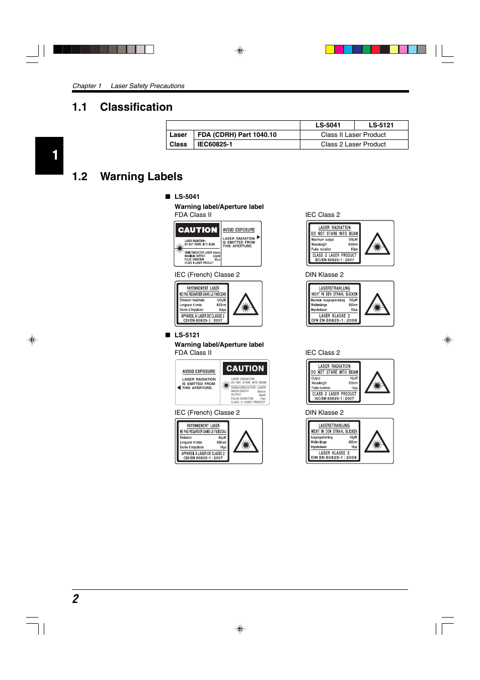 1 classification, 2 warning labels, 1 classification 1.2 warning labels | KEYENCE LS-5000 User Manual | Page 8 / 132