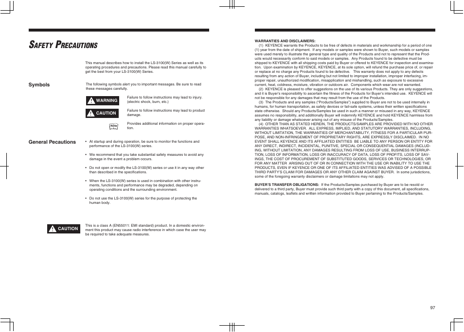 Warranties and disclaimers, Afety, Recautions | KEYENCE LS-3100/3100W Series User Manual | Page 103 / 104