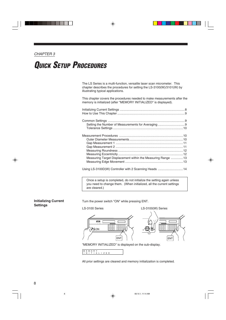 Chapter 3 quick setup procedures, Chapter 3, Quick setup procedures | Uick, Etup, Rocedures | KEYENCE LS-3100/3100W Series User Manual | Page 14 / 104
