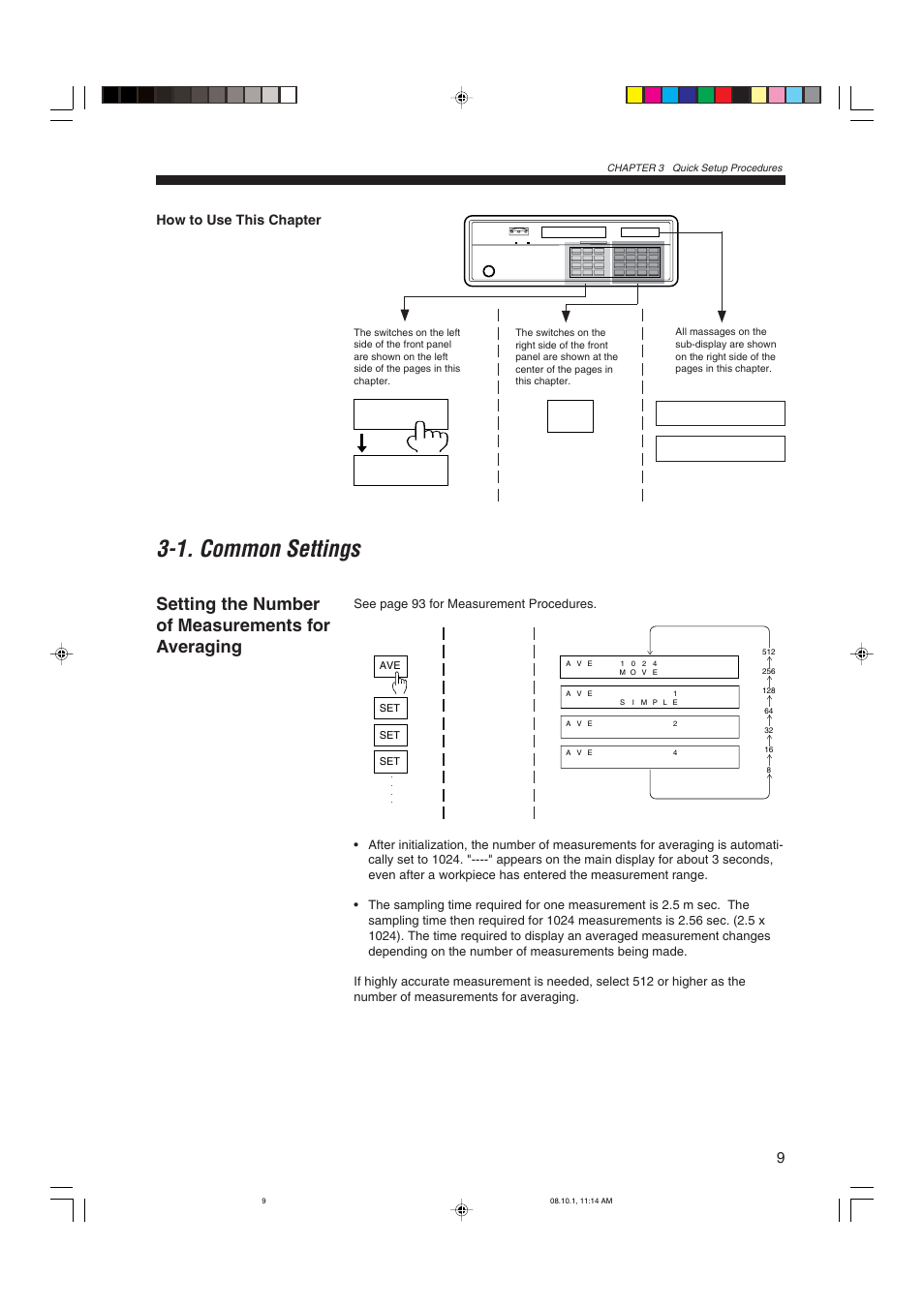 1 common settings, Setting the numberof measurements for averaging, 1. common settings | Setting the number of measurements for averaging, How to use this chapter, See page 93 for measurement procedures | KEYENCE LS-3100/3100W Series User Manual | Page 15 / 104