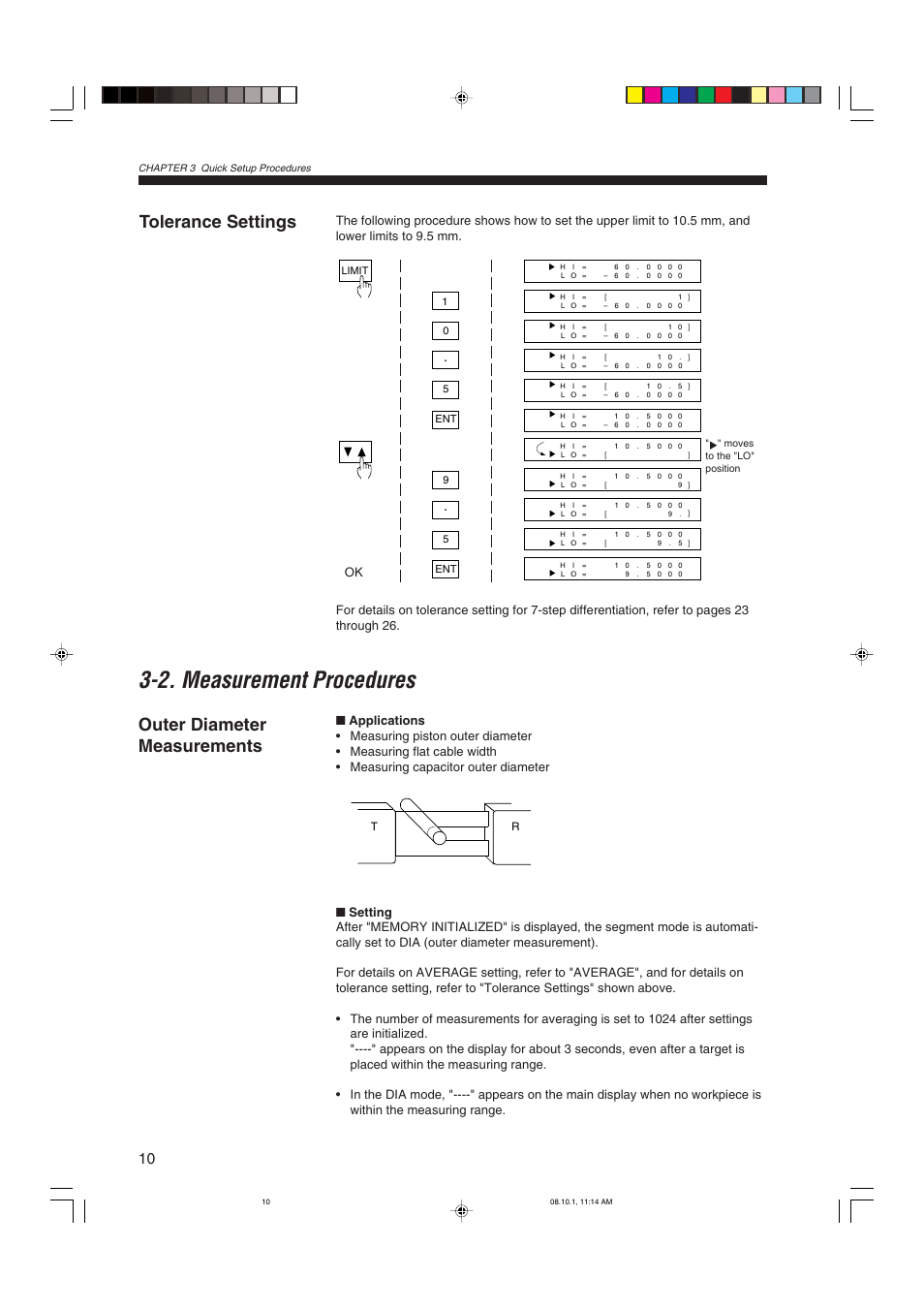 Tolerance settings, 2 measurement procedures, Outer diameter measurements | 2. measurement procedures | KEYENCE LS-3100/3100W Series User Manual | Page 16 / 104
