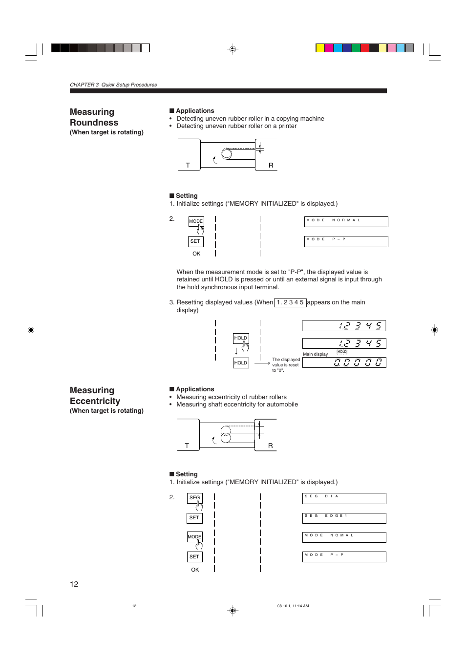 Measuring roundness (when target is rotating), Measuring eccentricity (when target is rotating), Measuring roundness measuring eccentricity | Measuring roundness, Measuring eccentricity | KEYENCE LS-3100/3100W Series User Manual | Page 18 / 104