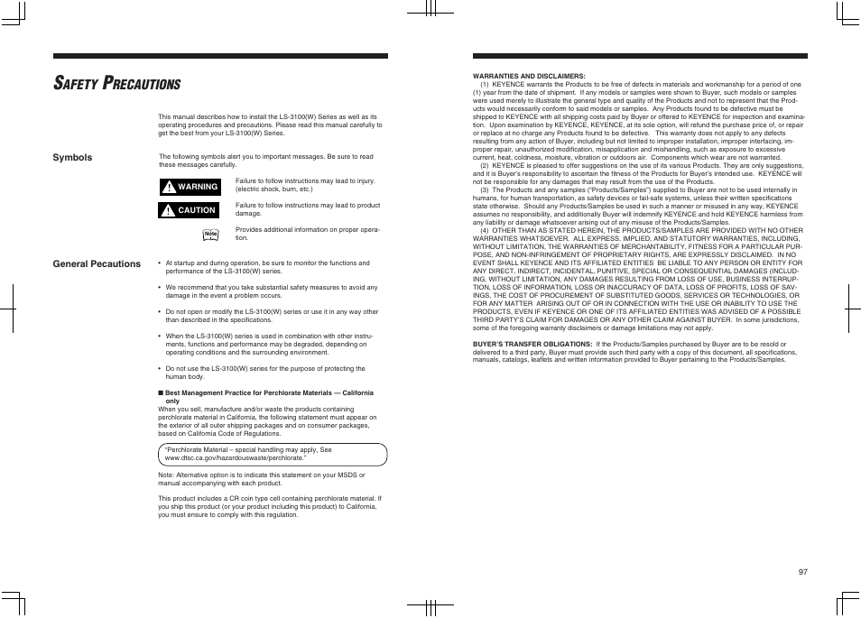Safety precautions, Symbols, General pecautions | Afety, Recautions | KEYENCE LS-3100/3100W Series User Manual | Page 2 / 104
