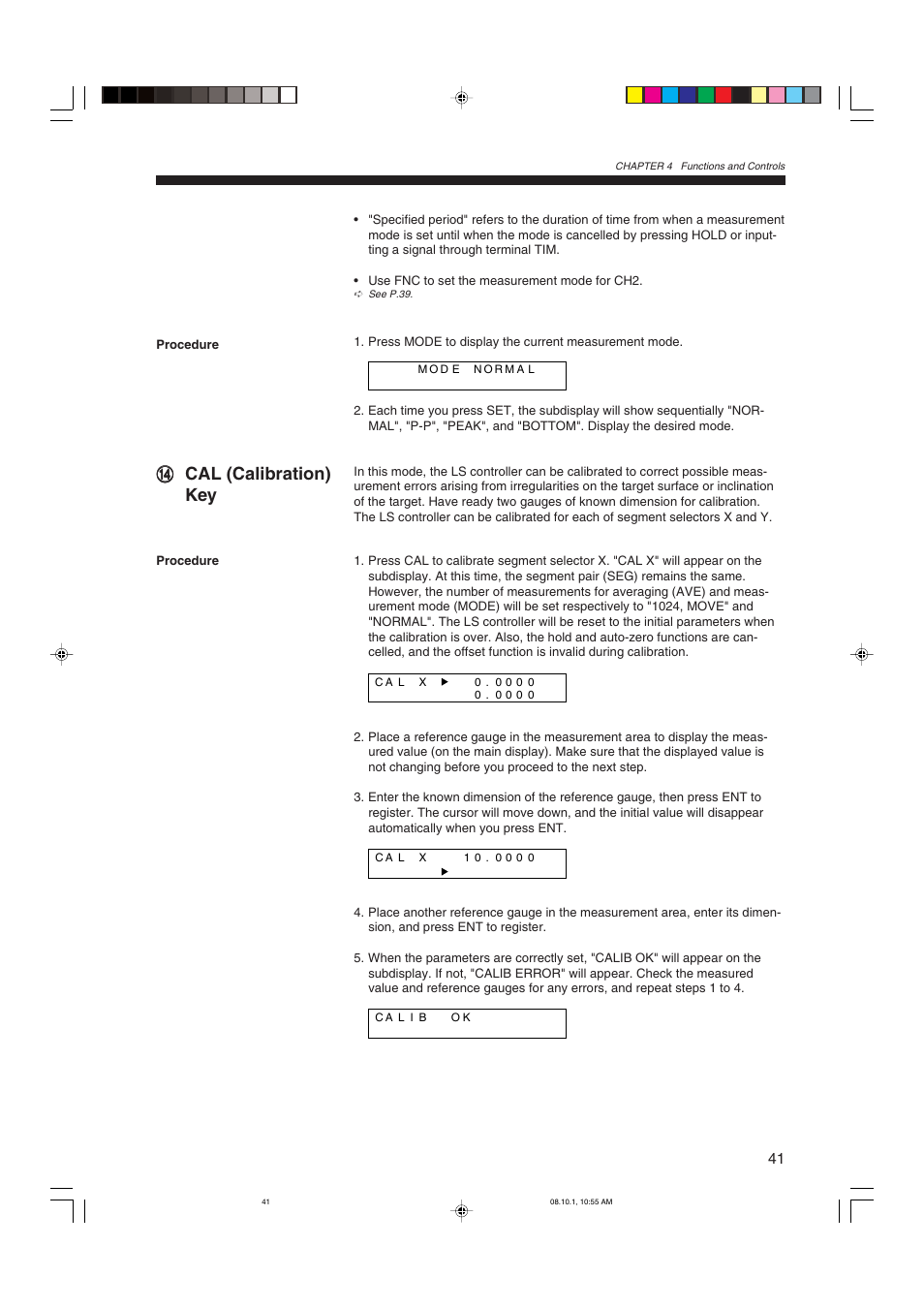 Cal (calibration) key, Dd cal (calibration) key | KEYENCE LS-3100/3100W Series User Manual | Page 47 / 104