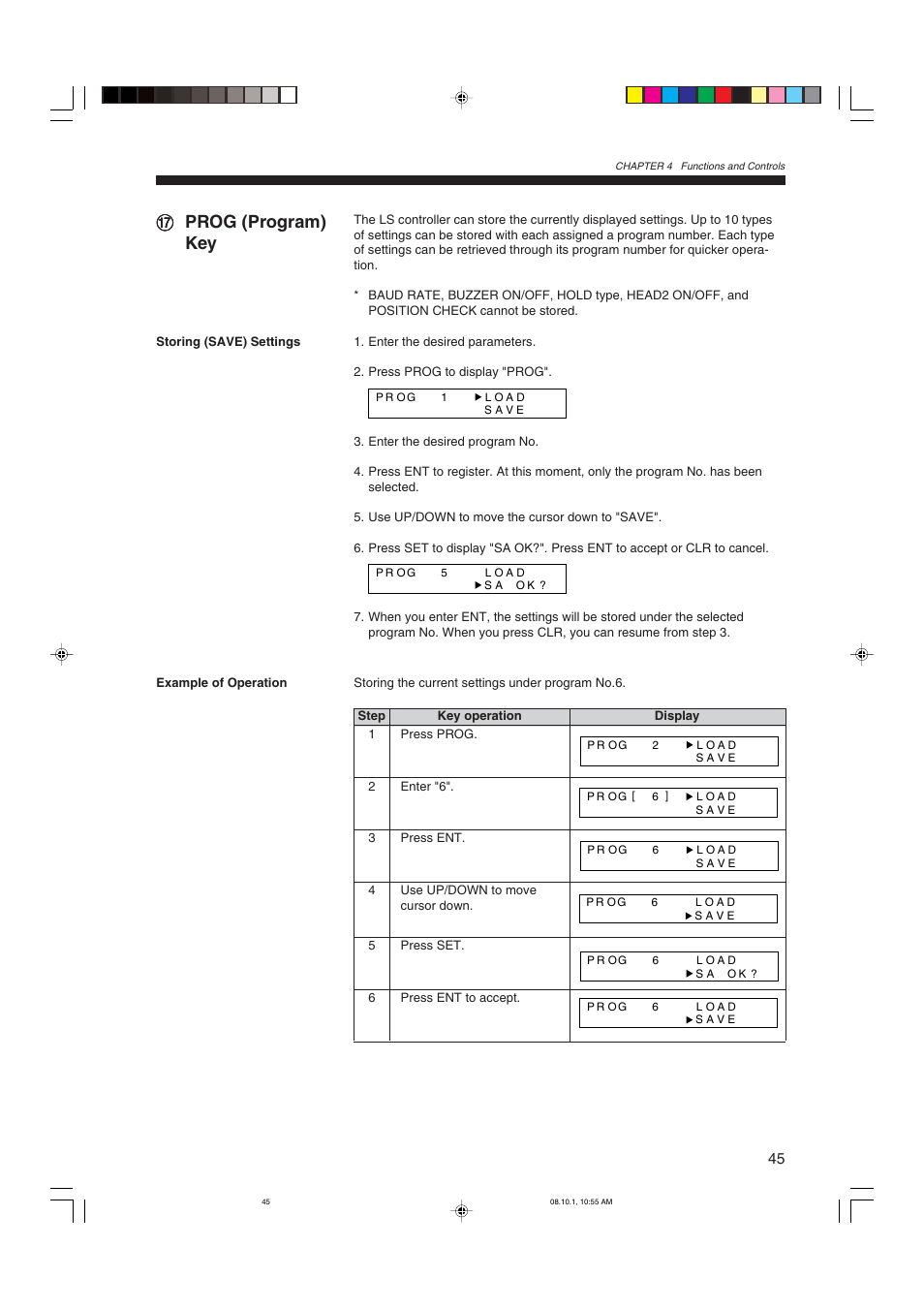 Prog (program) key, Storing (save) settings, Gg prog (program) key | KEYENCE LS-3100/3100W Series User Manual | Page 51 / 104