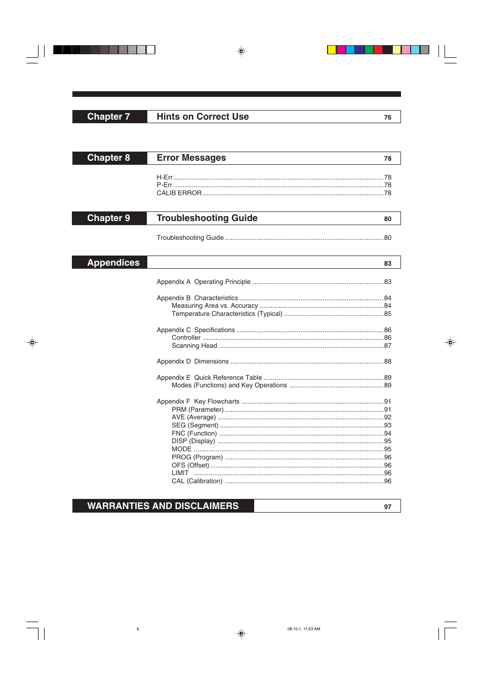 Chapter 7 hints on correct use, Chapter 8 error messages, Chapter 9 troubleshooting guide | Appendices, Warranties and disclaimers | KEYENCE LS-3100/3100W Series User Manual | Page 6 / 104