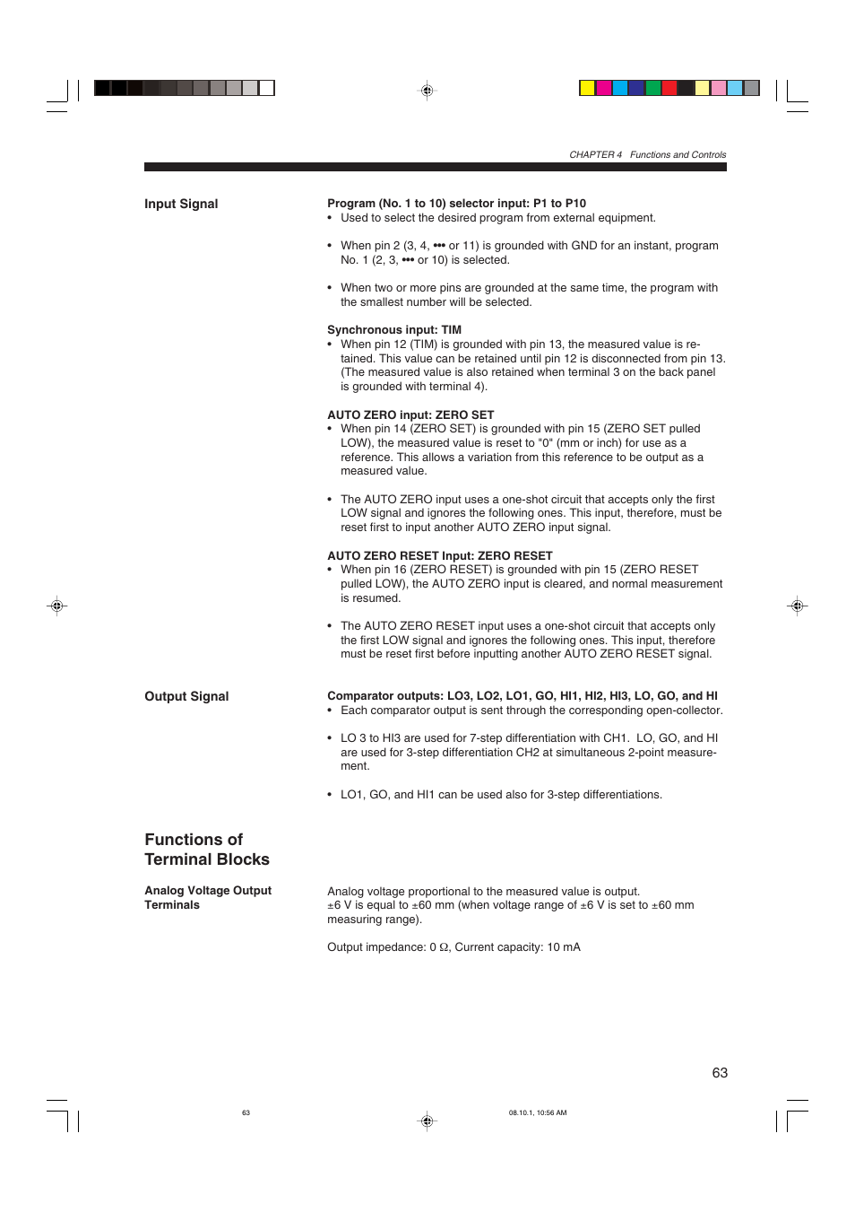 Functions of terminal blocks, Input signal output signal, Analog voltage output terminals | KEYENCE LS-3100/3100W Series User Manual | Page 69 / 104