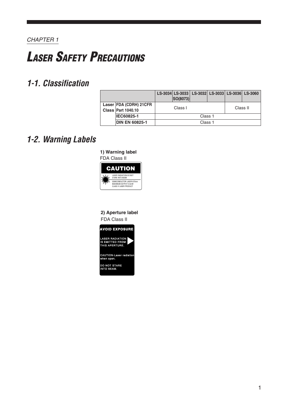 Chapter 1 laser safety precuations, 1 classification, 2 warning labels | Chapter 1, Laser safety precautions, 1. classification, 2. warning labels, Aser, Afety, Recautions | KEYENCE LS-3100/3100W Series User Manual | Page 7 / 104