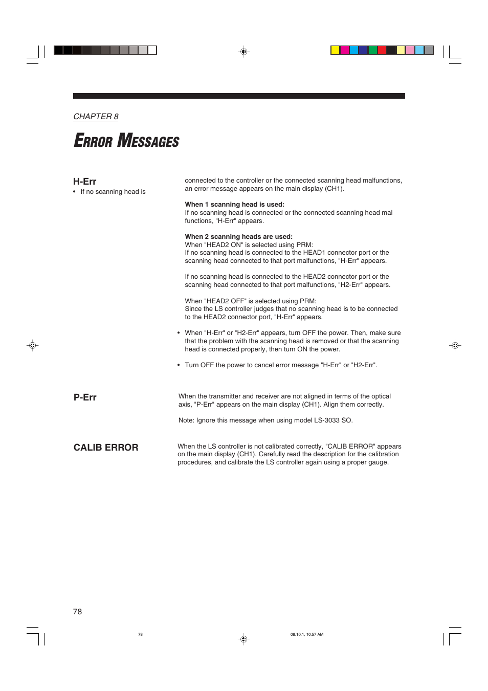 Chapter 8 error messages, H-err, P-err | Calib error, Chapter 8, Error messages, H-err p-err calib error, Rror, Essages | KEYENCE LS-3100/3100W Series User Manual | Page 84 / 104