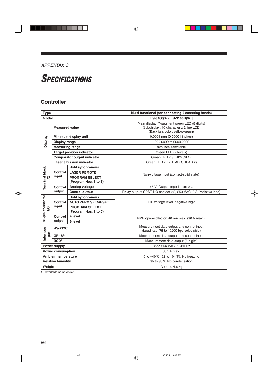 Appendix c specifications, Controller, Pecifications | Appendix c | KEYENCE LS-3100/3100W Series User Manual | Page 92 / 104