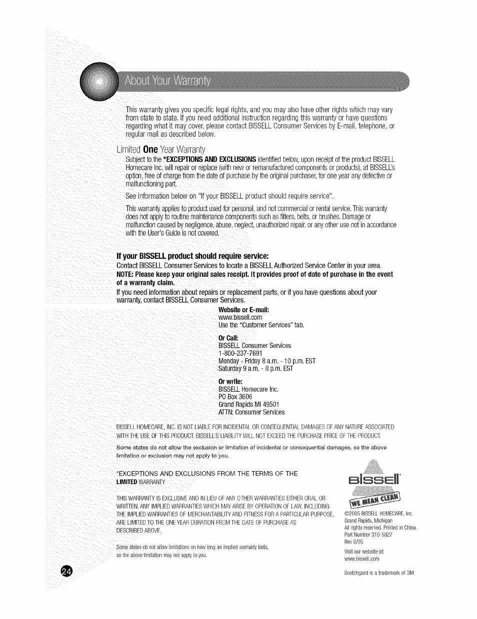 Oiesei, Limited one year warranty | Bissell ProHeat 2X 9200 SERIES User Manual | Page 24 / 24