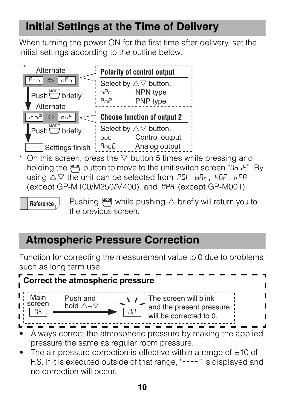 Initial settings at the time of delivery, Atmospheric pressure correction | KEYENCE GP-M Series User Manual | Page 10 / 28