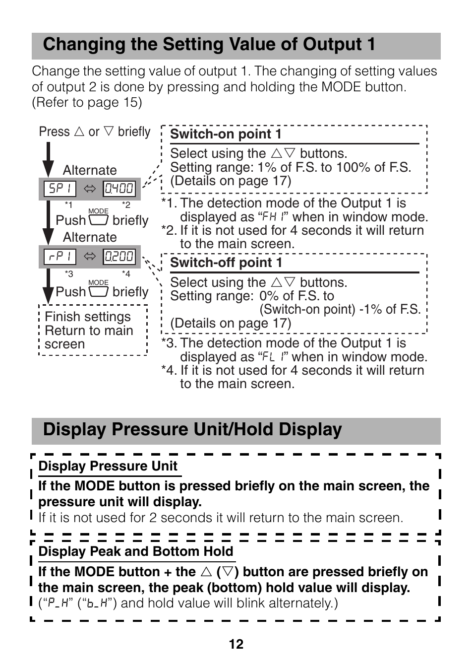 Changing the setting value of output 1, Display pressure unit/hold display | KEYENCE GP-M Series User Manual | Page 12 / 28