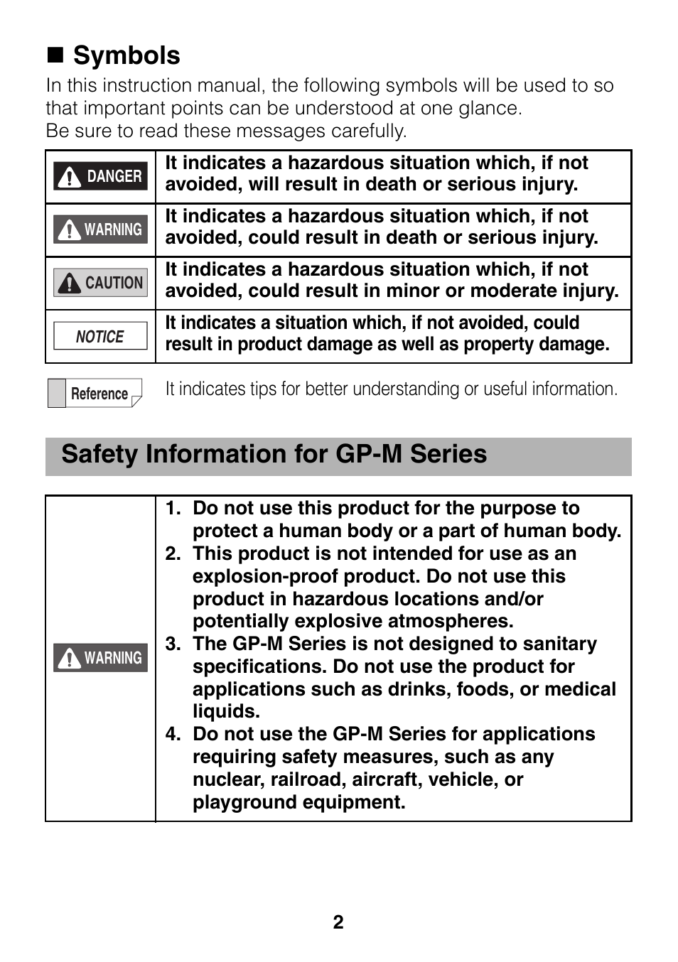 Symbols, Safety information for gp-m series | KEYENCE GP-M Series User Manual | Page 2 / 28
