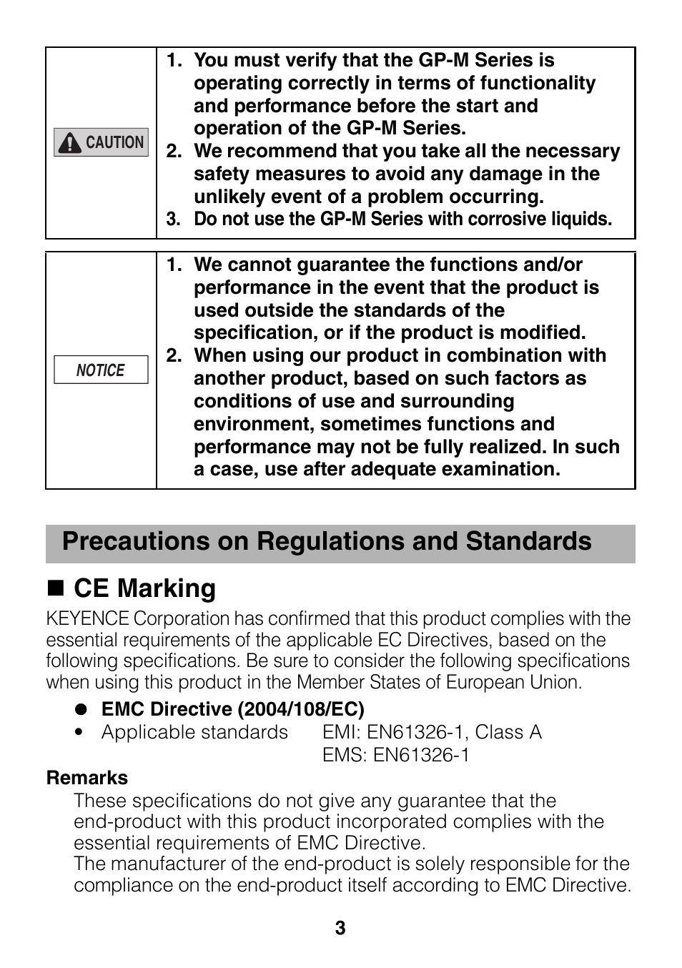 Precautions on regulations and standards, Ce marking | KEYENCE GP-M Series User Manual | Page 3 / 28